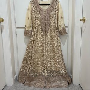 Gold & Cream Pakistani Outfit 3 Piece - shirt (like gown), pants, scarf